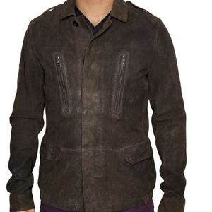 Allsaints Distressed Sargent Goat Leather Jacket Button Front Suede Brown Zipper